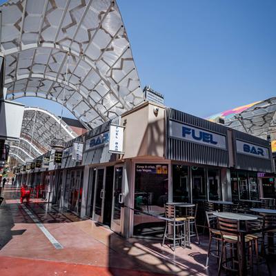The bar's building and the patio in front.