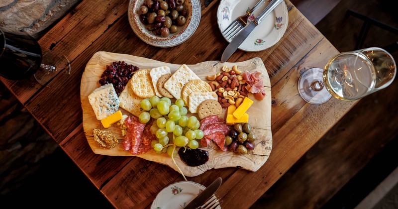 The Charcuterie board with various foods, top view