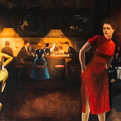 A modern art style painting of a bar and restaurant scene.