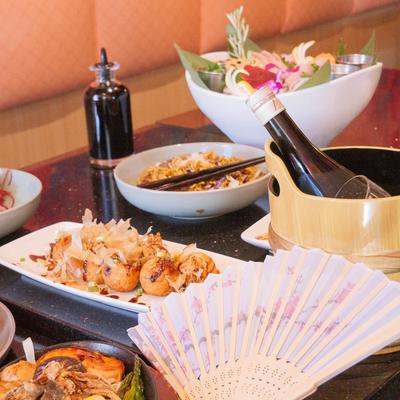 A variety of Japanese dishes on a table.