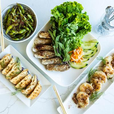 Assorted dishes, overhead view