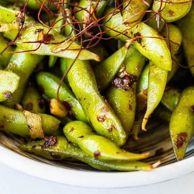 Extreme close up of edamame