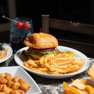 Sand trap burger and other food and drinks.