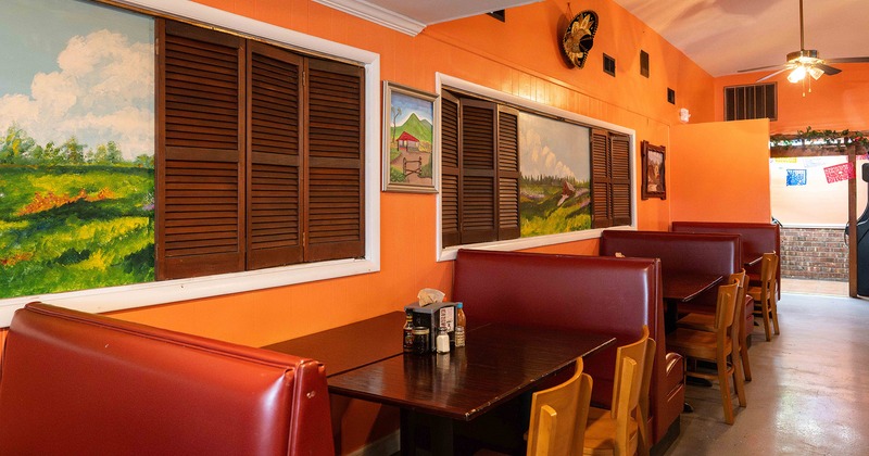 Interior space, dining area, lined up upholstered booths