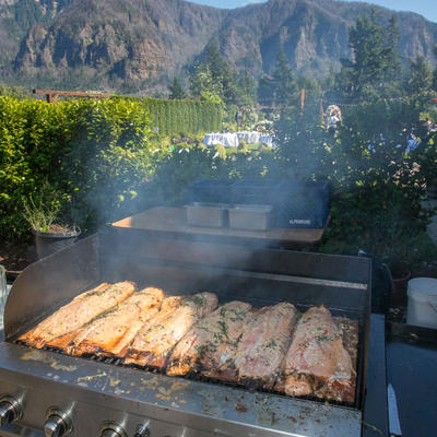Grilled fish lined up on the barbecue