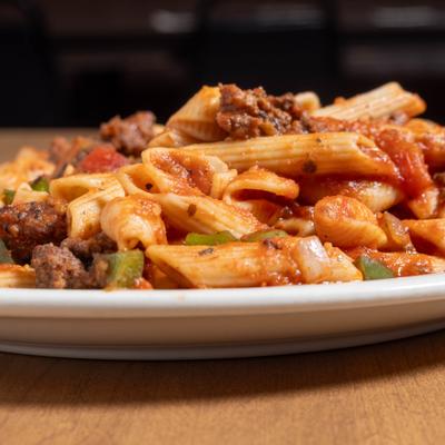 Ground beef pasta in tomato sauce.