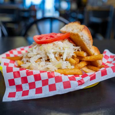 Pittsburgh style sandwich served with fries.
