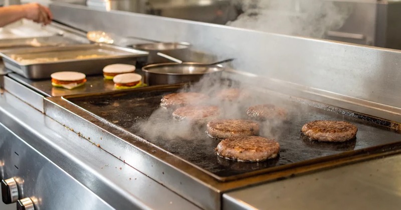 Busy hamburger restaurant with grill cooks preparing burgers on a hot grill