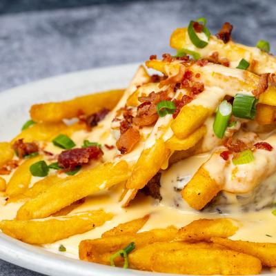 Loaded fries with bacon bits, scallions, and cheese.