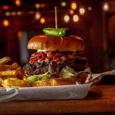 A hamburger and fries.