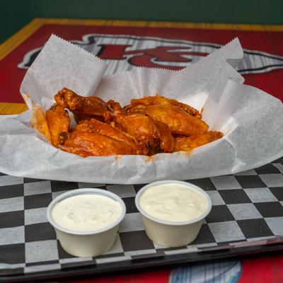 Buffalo Wings, with ranch and blue cheese dressings.