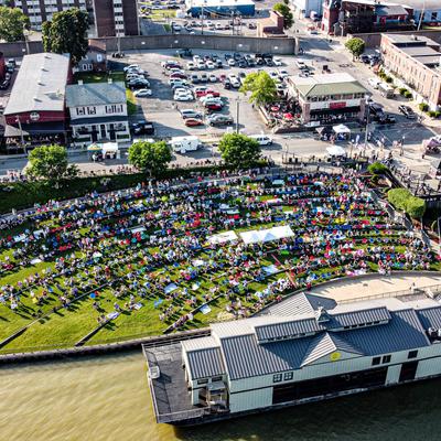 Aerial overhead view of the river stage during a concert