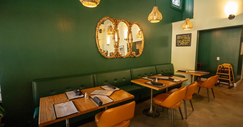 Interior, banquette seating, tables and chairs