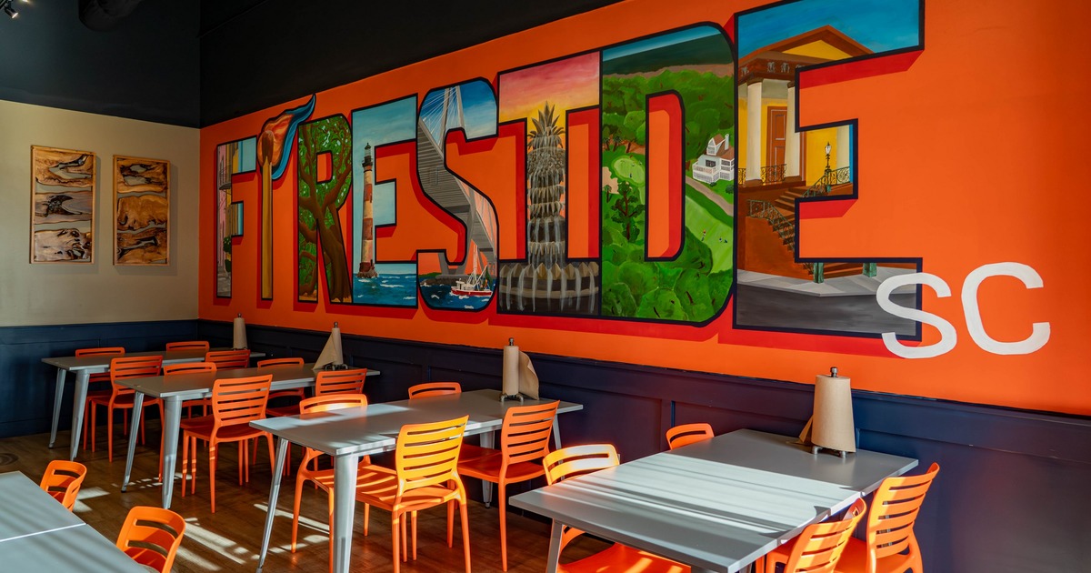 Interior with big painted logo on the wall