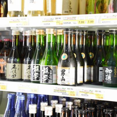 Selection of sake bottles.