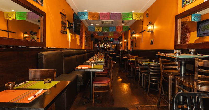 Interior, seating area with a bar in the back