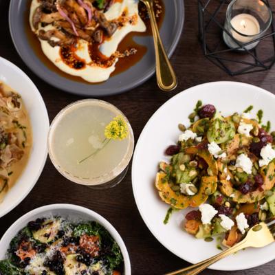 Multiple Plates and Cocktails.