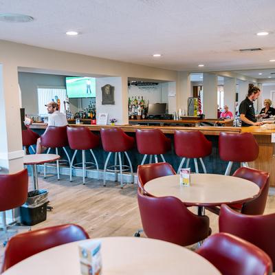 Interior, seating area and bar.