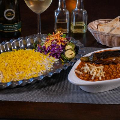 Rice with Vegetarian Gheymeh Bademjan.