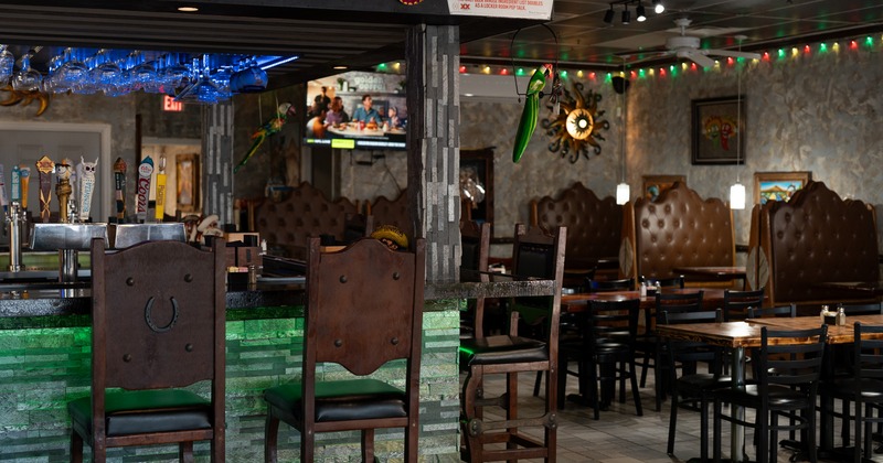 Interior, bar area with colorful lights