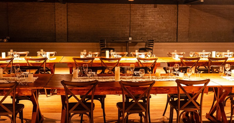 Interior, dining area, tables and chairs ready for guests