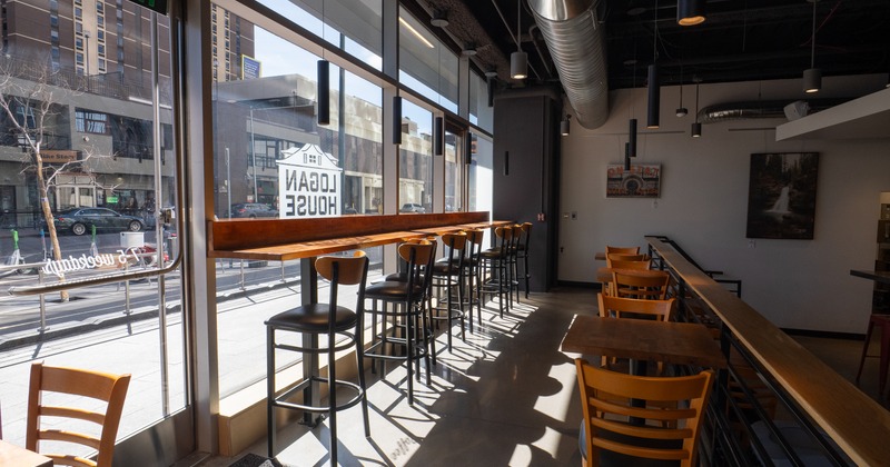 Interior, coffee bar, stools, bar tables