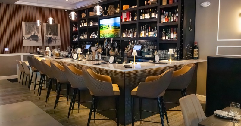Interior, bar area, marble top bar with comfy bar stools, large drink shelf, TV on the wall