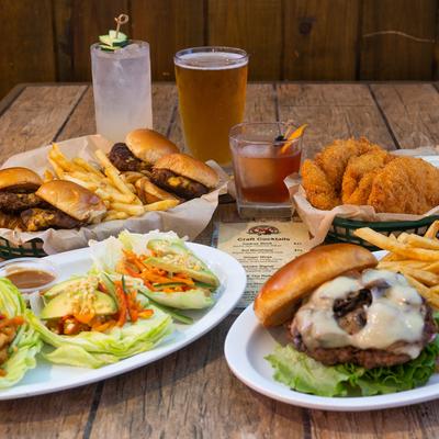 Various dishes and drinks on table