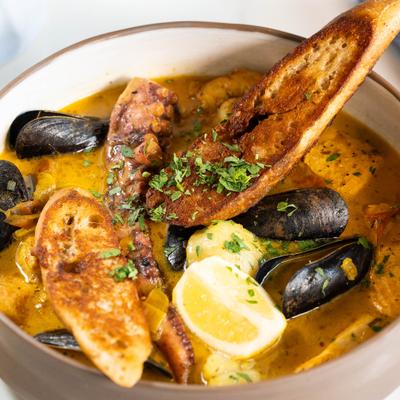 Sea food stew, closeup.