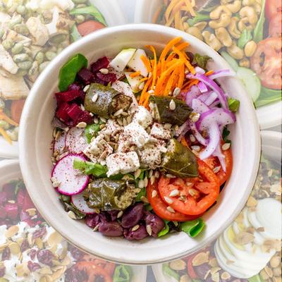 Bowl of Goat cheese salad, overhead view.