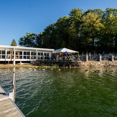 A view of the restaurant and the lake.