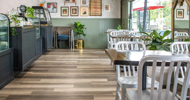 Interior, row of tables and chairs in seating area