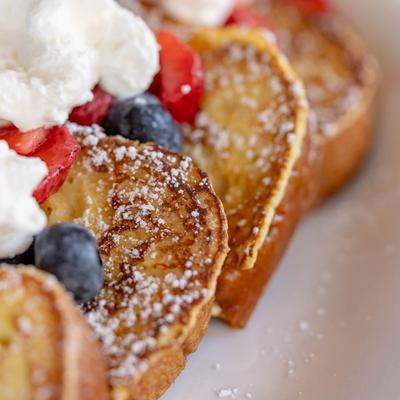 A close up shot of French toast.