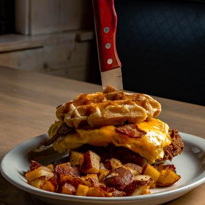 Chicken and waffle sandwich.