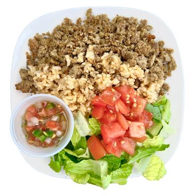 Rice bowl with ground meat, salad, and fresh salsa.
