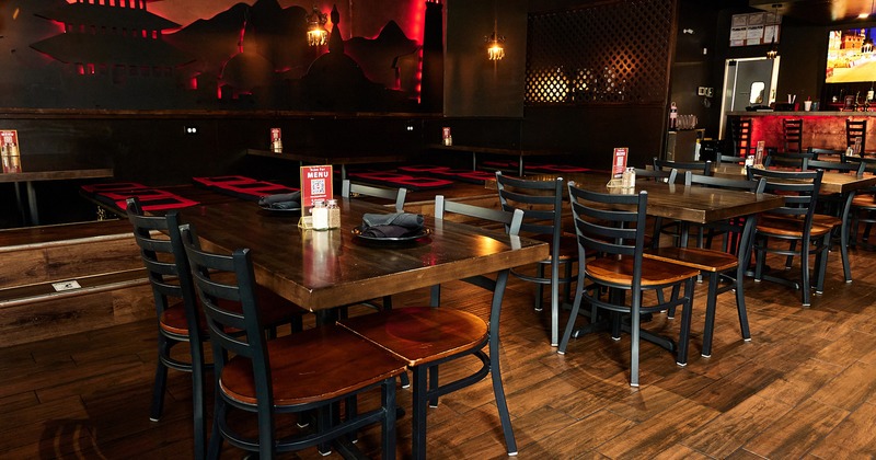 Restaurant interior, dining tables lined up