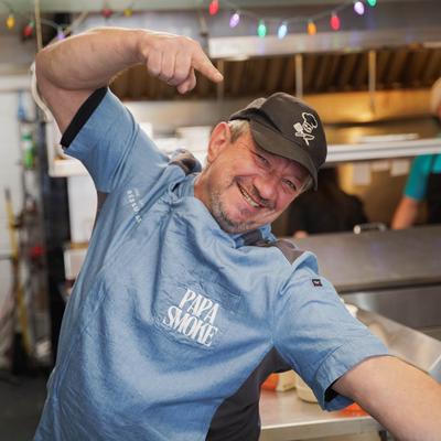 The chef making hand gestures.