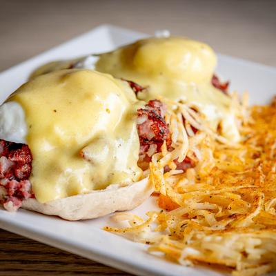 Irish Benedict and shredded potatoes.