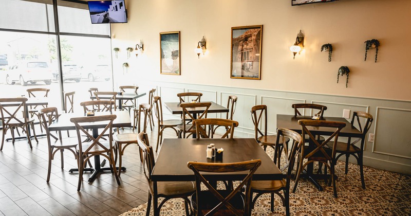 Interior, wooden chairs and tables