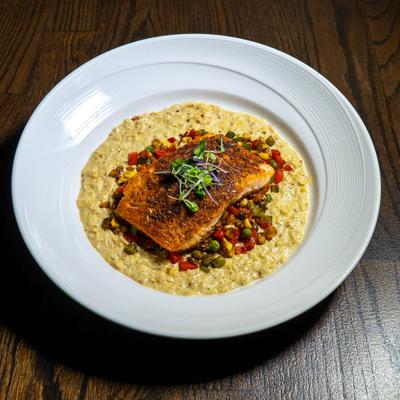 Blackened Scottish salmon, corn succotash.