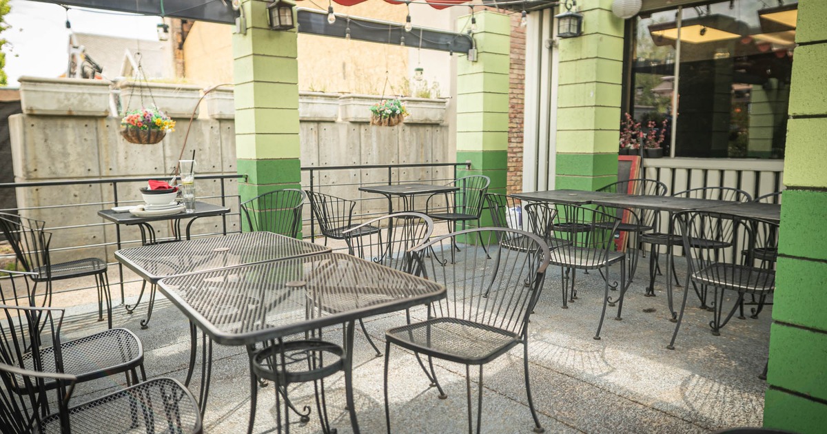 Outdoor seating area, tables and chairs