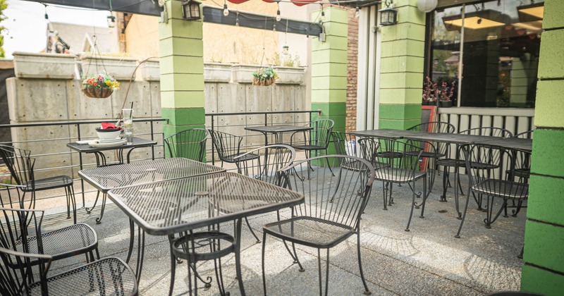 Outdoor seating area, tables and chairs