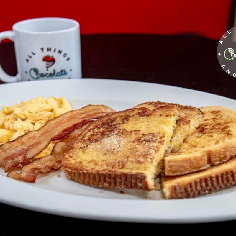 menu item 4 of 26, Scrambled Eggs, Bacon or Sausage and Toast*