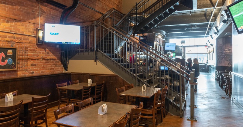 Interior, downstairs, tables and seats, staircase