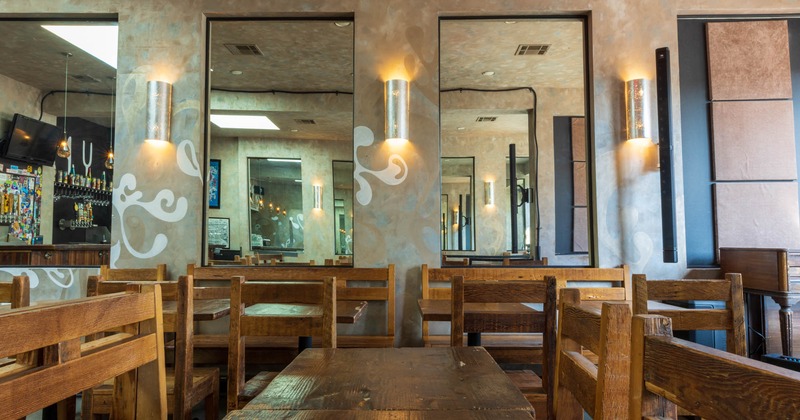 Interior, diner room, table and chairs, mirrors on the wall