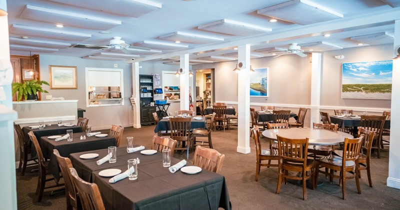 Dining area, tables set and ready for guests