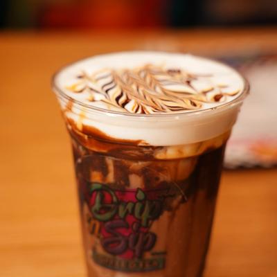 Mocha drink with caramel and marshmallow.