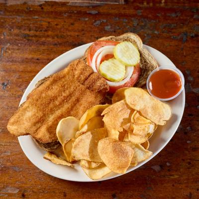 Grouper fillet with a side chips.