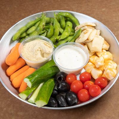 Vegetable platter, served with two dips.