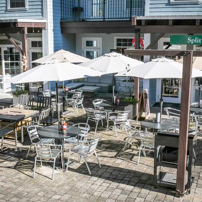 Exterior patio under parasols.